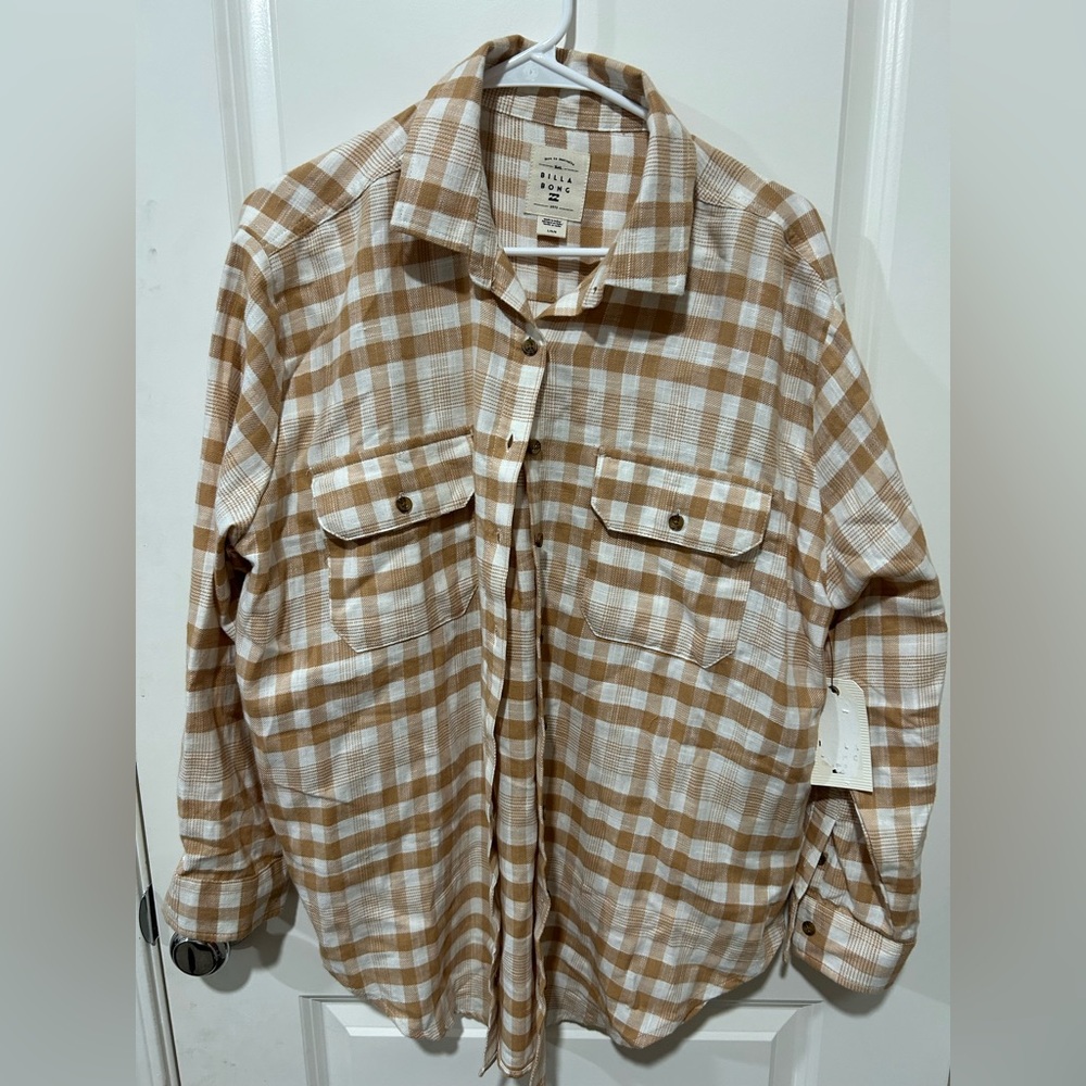 BILLABONG FLANNEL Plaid Women Relaxed Fit Lightweight Tan Brown Cream Large NWT